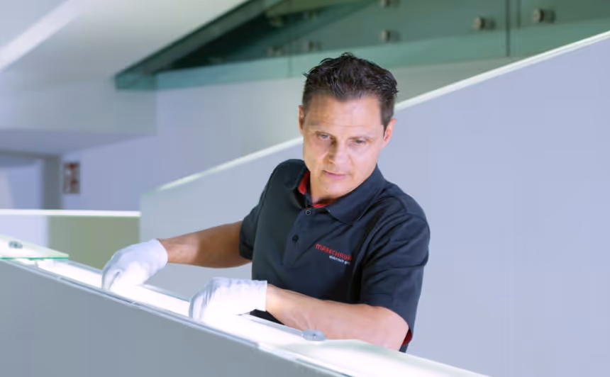 Man mit roten Schutzhelmen und schwarzer Arbeitskleidung unterhalten sich vor einer Landschaft mit See und Hügeln.