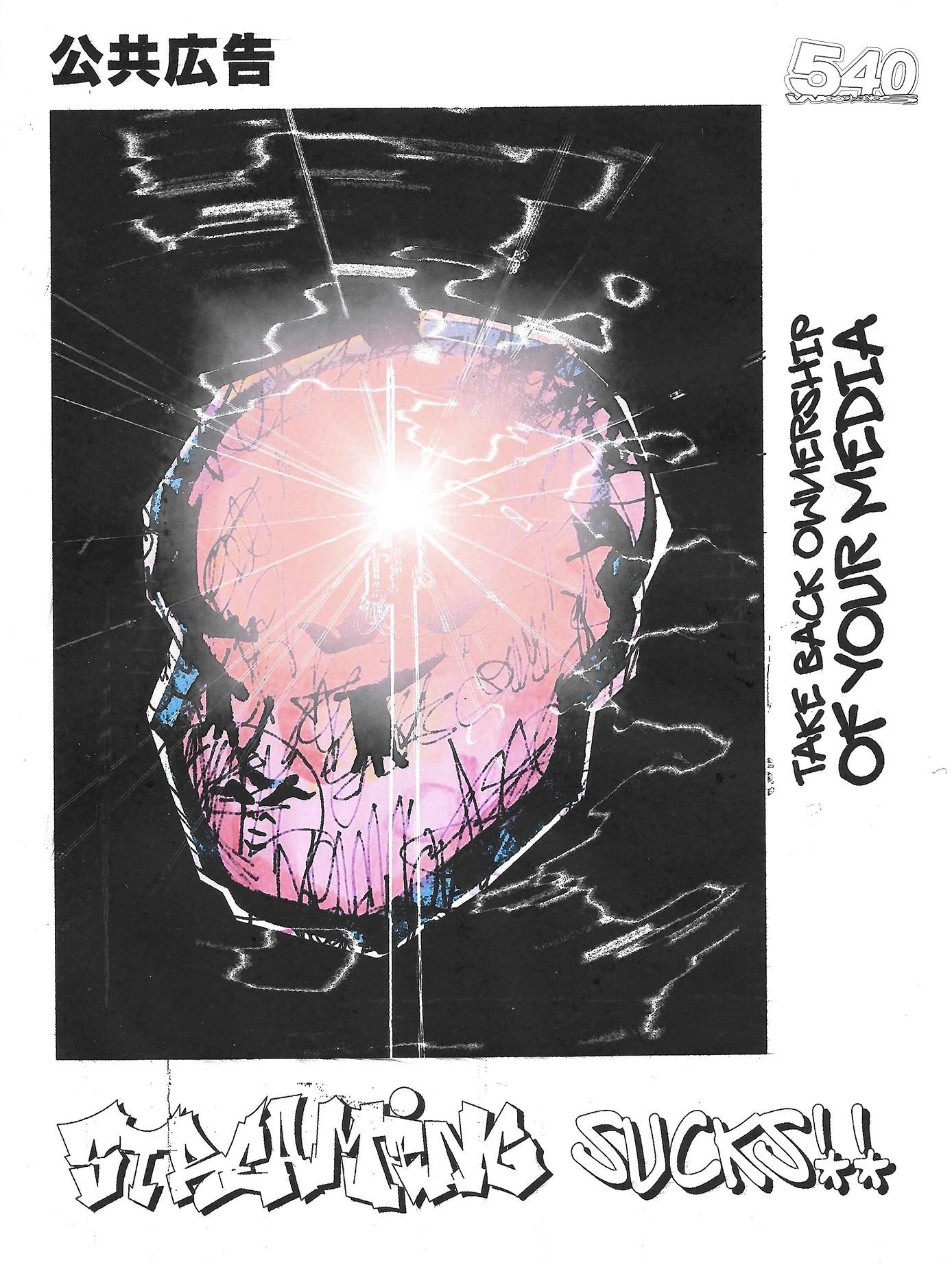 Graffiti-style pink skull with light burst and texting 'Take back ownership of your media' and 'Streaming sucks!!'