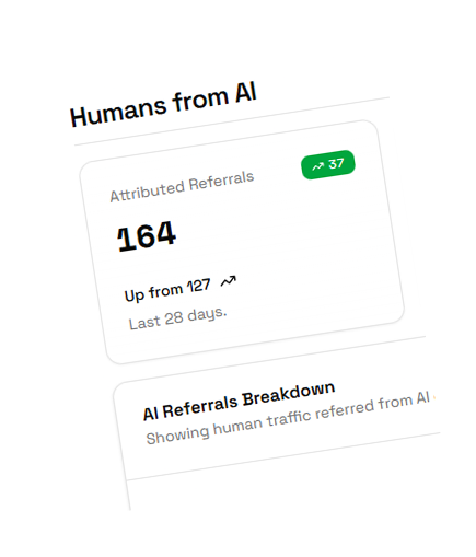 Dashboard widget showing 164 attributed referrals from AI in the last 28 days, up from 127 referrals.