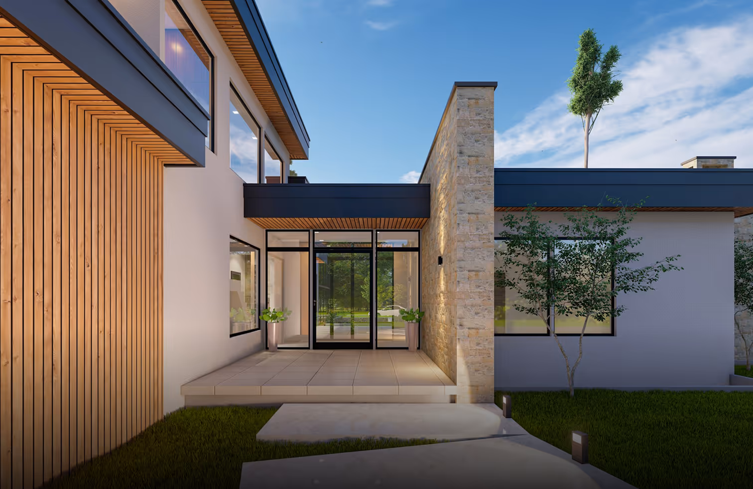 Modern house entrance with large glass doors, wooden paneling, stone wall, potted plants, and a tree under a blue sky.