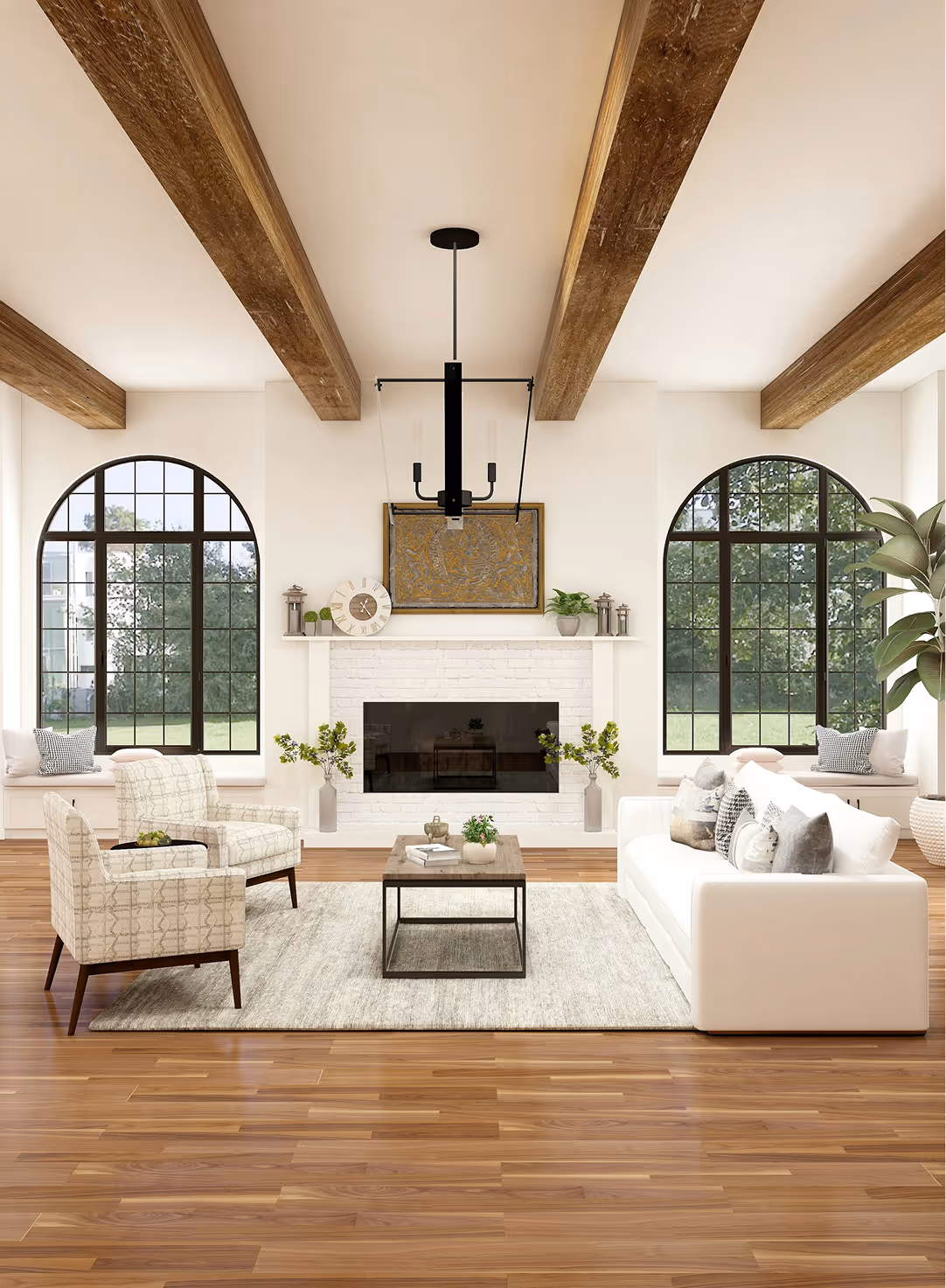 Bright living room with wooden beams, arched windows, a white couch, two patterned armchairs, and a modern fireplace.