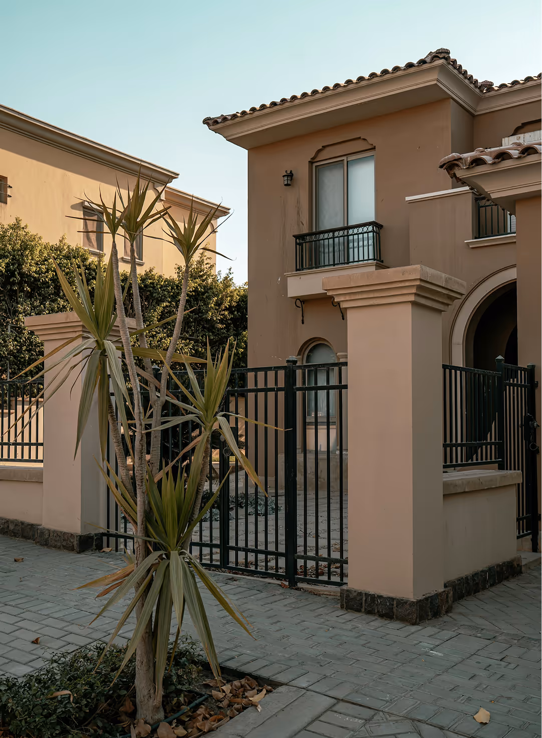 Modern beige house with a small balcony, black metal gate, and a tall green plant in the foreground.