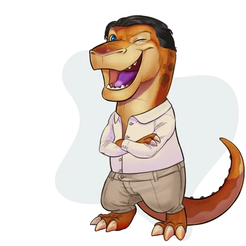 Mascotte Deentra, un dinosauro sorridente a braccia incrociate