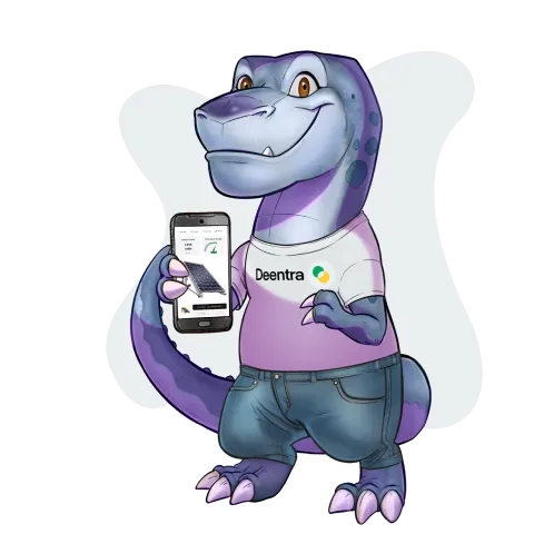 Mascotte Deentra con lo smartphone dell'app Deentra in mano