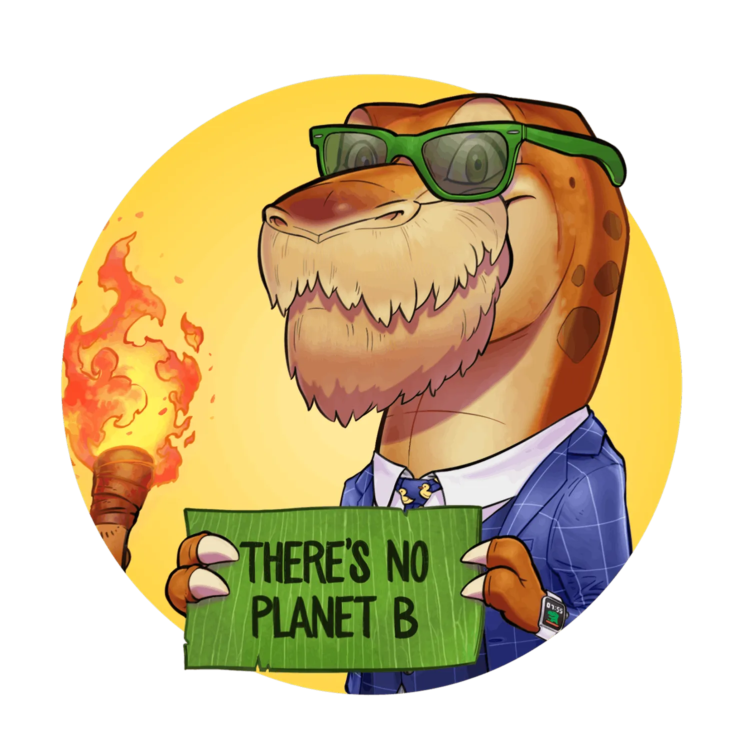 Mascotte Deentra con occhiali da sole e cartello "There's no planet B"