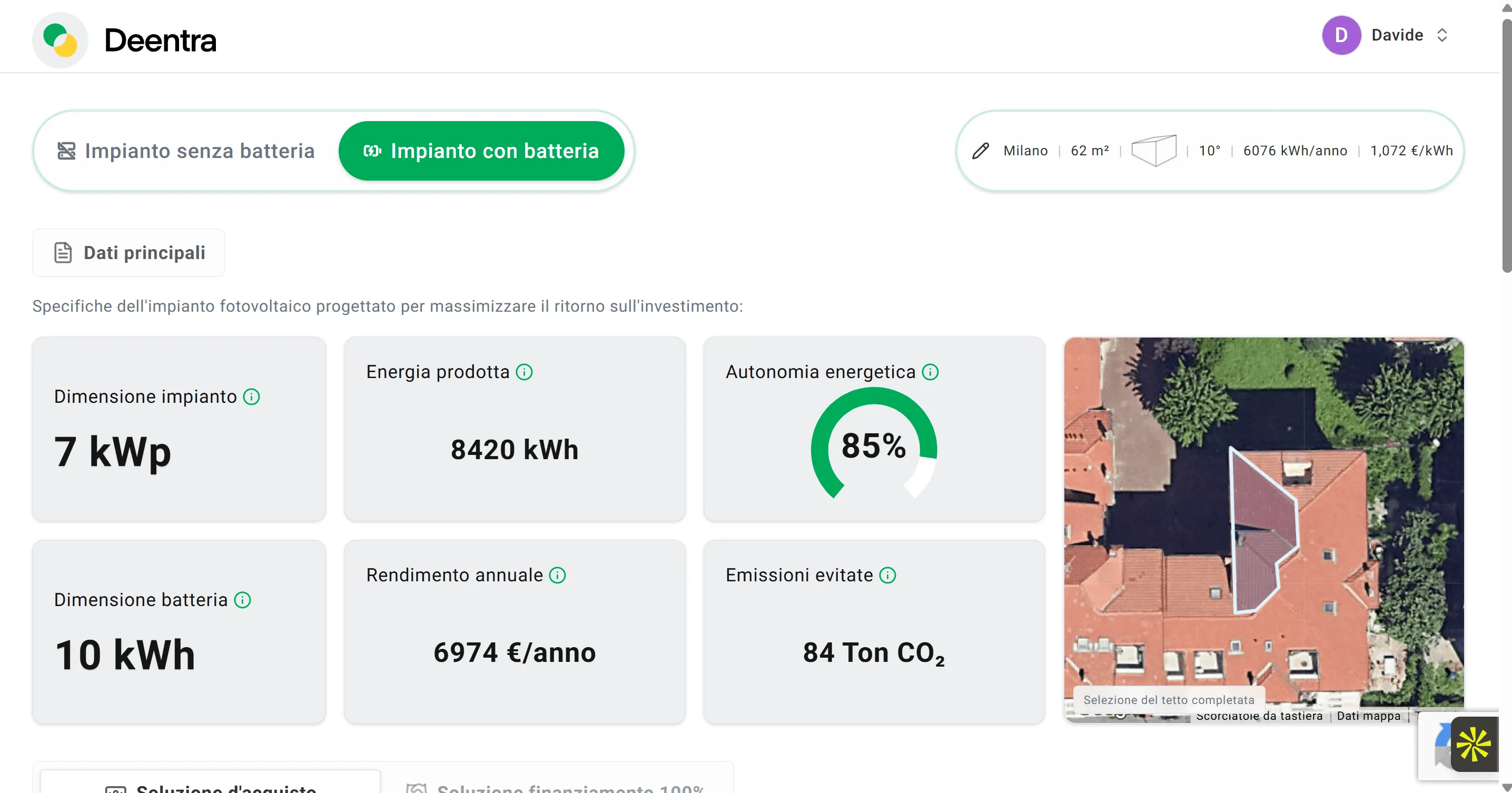 Schermata del Simulatore Fotovoltaico Deentra con potenza, produzione e autonomia stimate