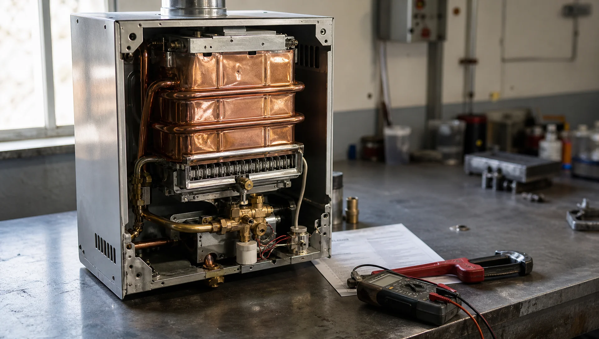 Scaldabagno a gas aperto su banco da lavoro con lo scambiatore di calore in rame e il certificato di conformità