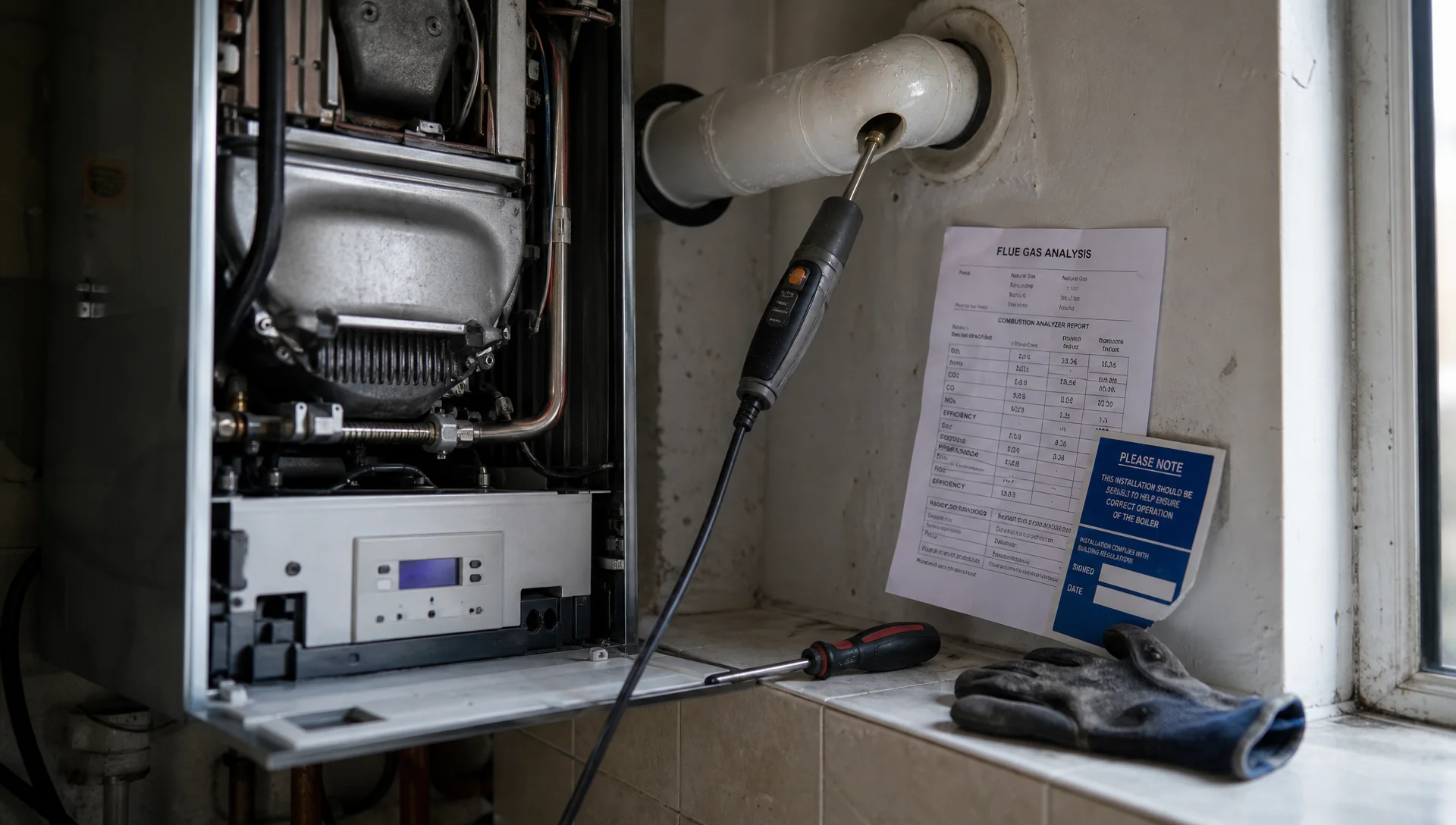 Manutenzione caldaia a gas: pannello aperto, sonda dell'analizzatore fumi e bollino blu sul banco del tecnico.