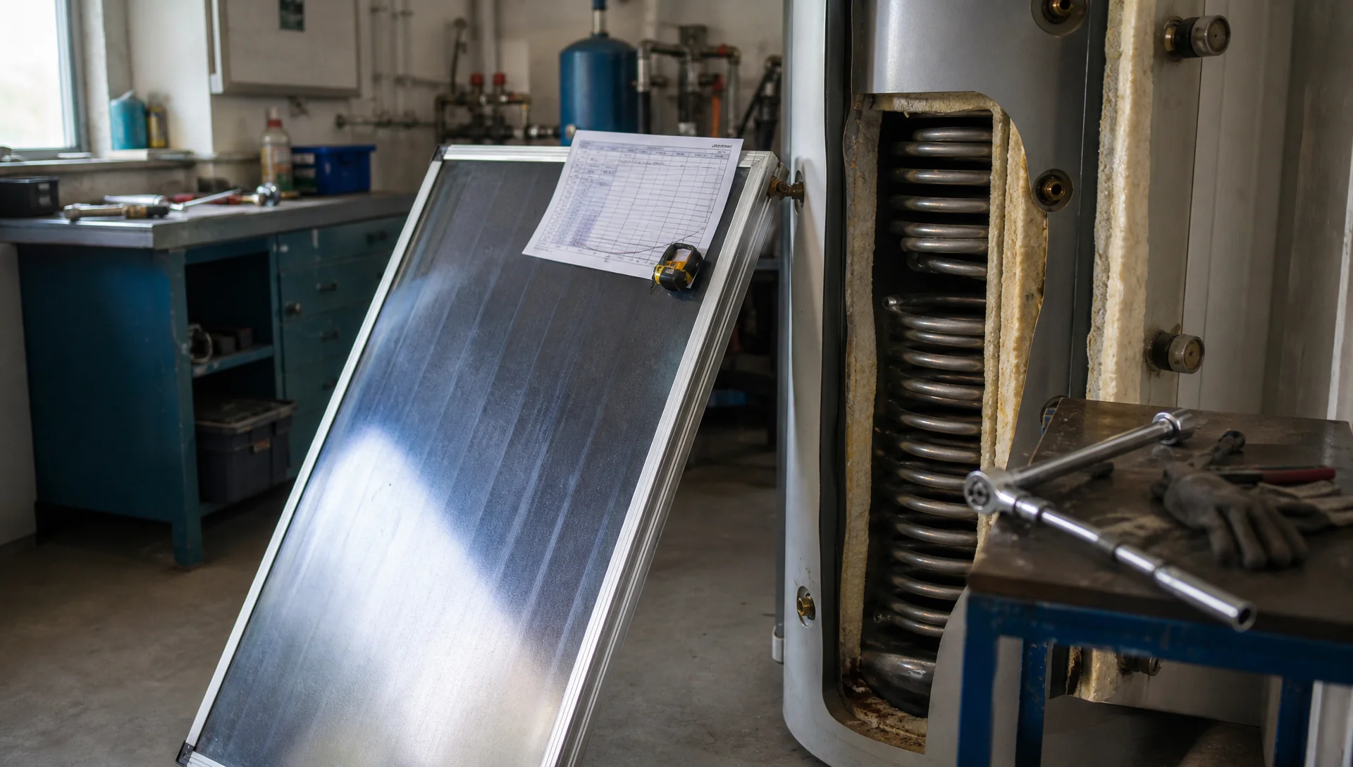 Collettore solare per pannello solare acqua calda accanto a un bollitore aperto con scambiatore in un'officina tecnica