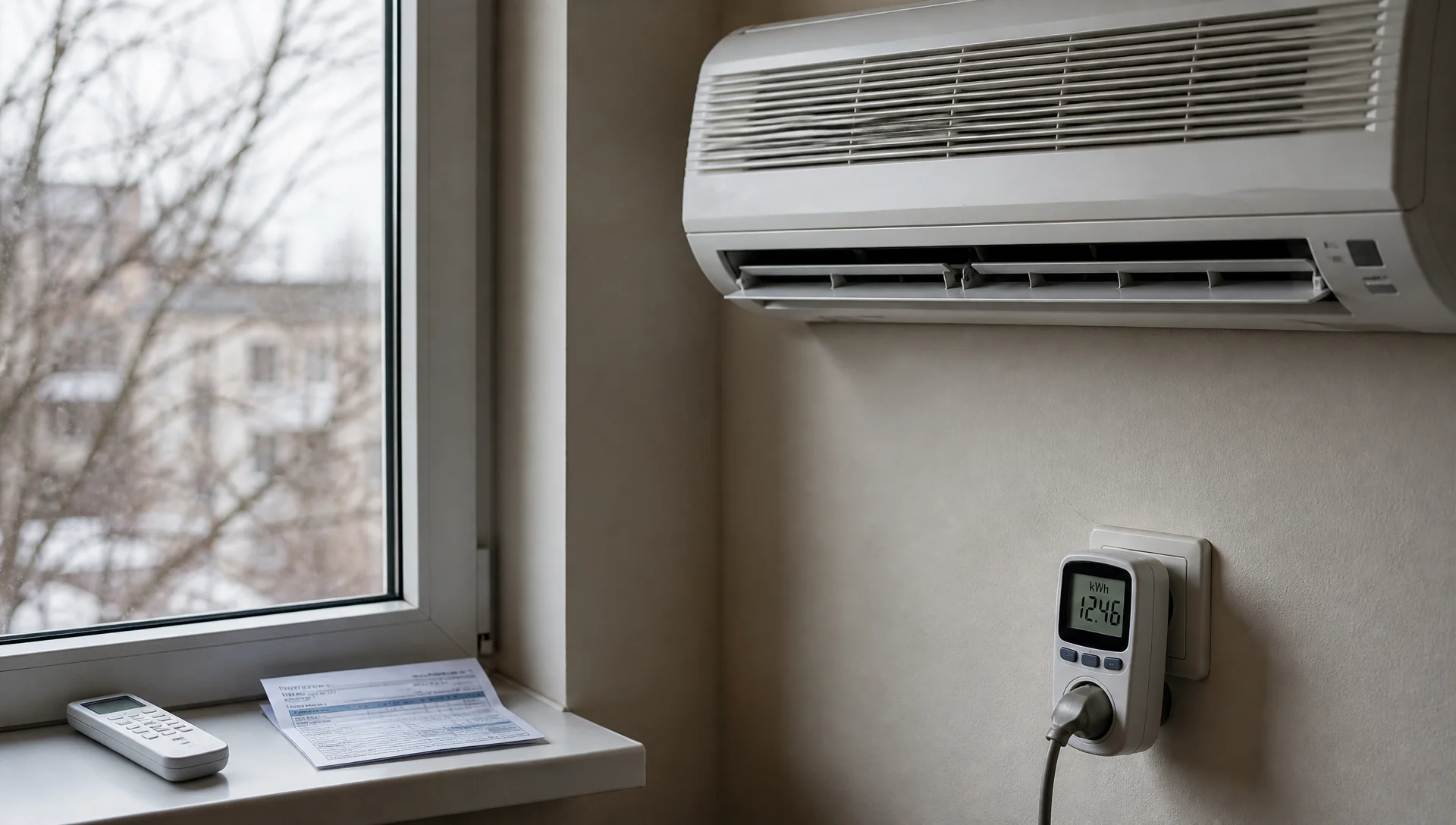 Condizionatore a parete usato per riscaldare con un misuratore di consumo energetico alla presa