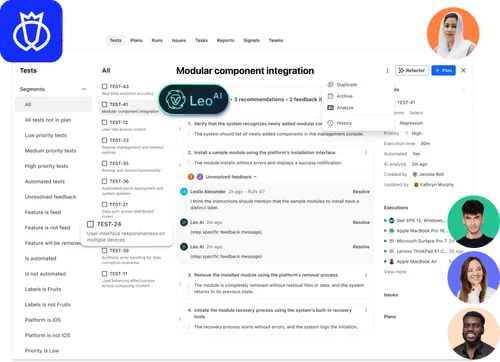 User interface of a test management platform showing a modular component integration test with detailed task steps, feedback, execution details, and team members.