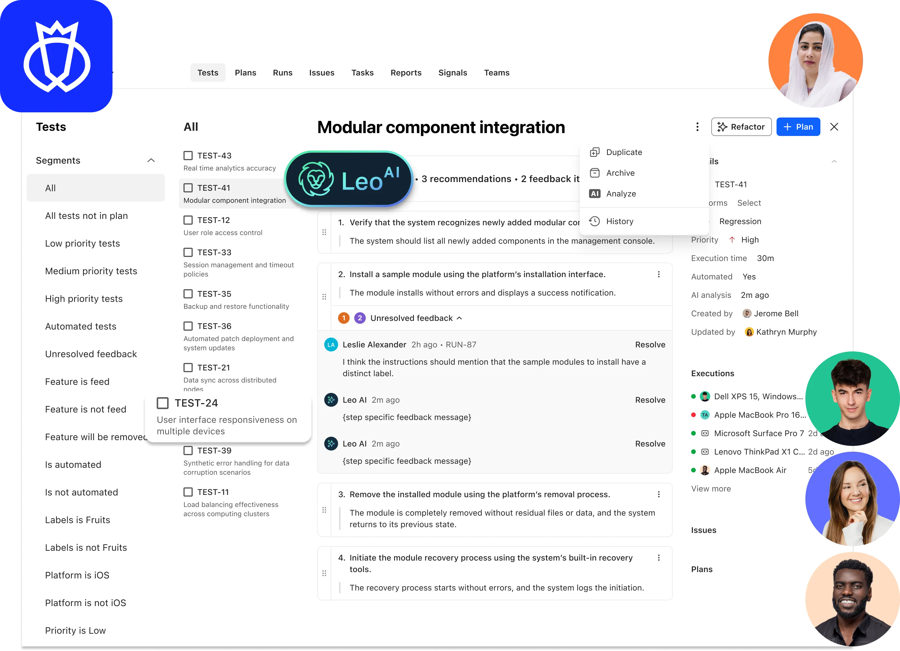 User interface of a test management platform showing a modular component integration test with detailed task steps, feedback, execution details, and team members.
