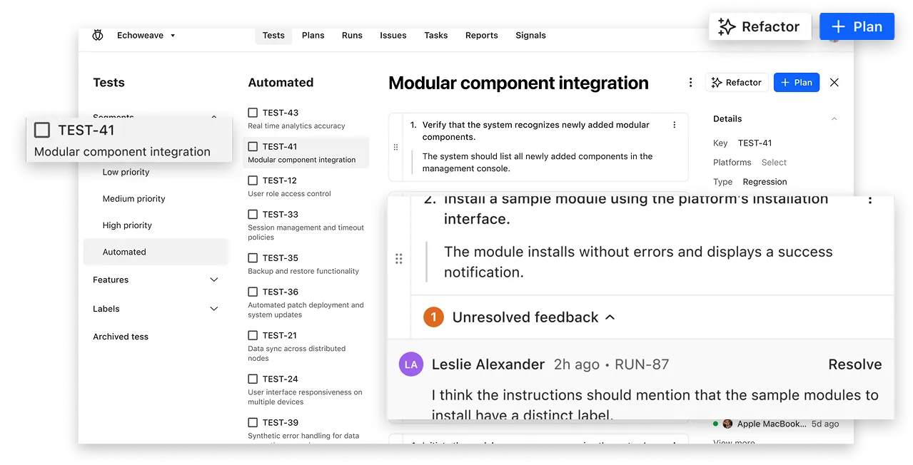 Software testing platform interface showing automated tests list with selected test 'Modular component integration' and unresolved feedback comment.