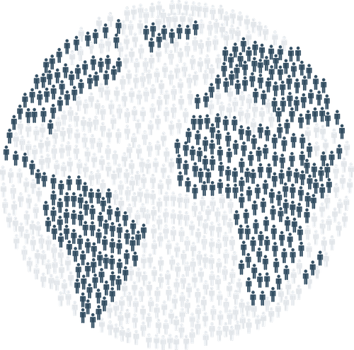 Globe composed of numerous small dark and light human figures.