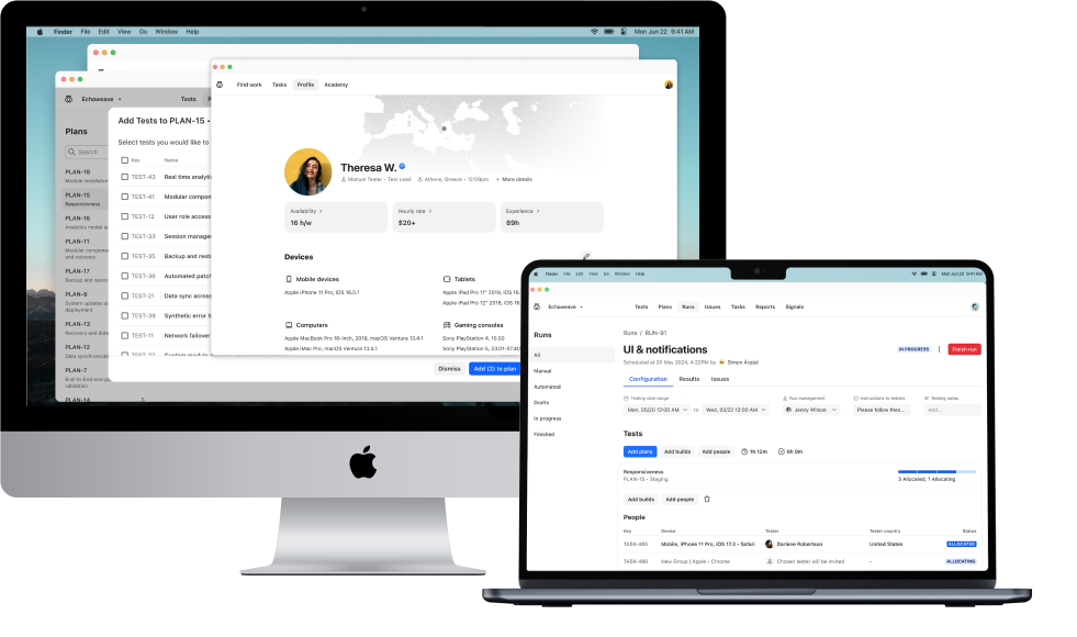 Two Apple devices showing software test management screens with user profiles and test plans.