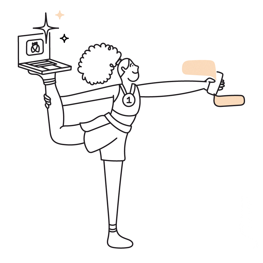 Illustration of a person balancing on one leg holding a glowing laptop with one foot and taking a selfie with a phone.