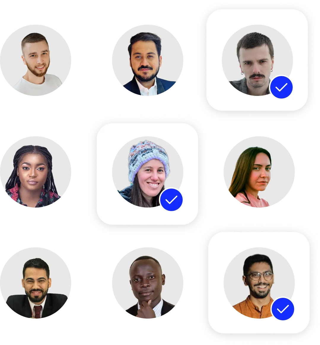 Collage of nine diverse people shown in circular frames, three with blue verified check marks and white square backgrounds behind them.