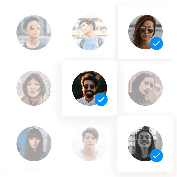 Collage of nine diverse people shown in circular frames, three with blue verified check marks and white square backgrounds behind them.