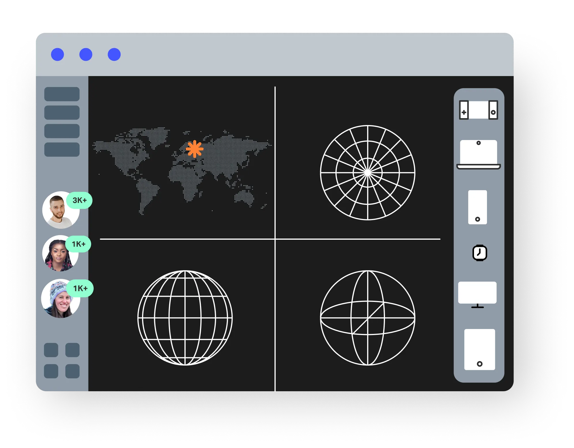 Dashboard interface showing a world map with a location marker, three user profile icons with message counts, and four globe wireframe models.