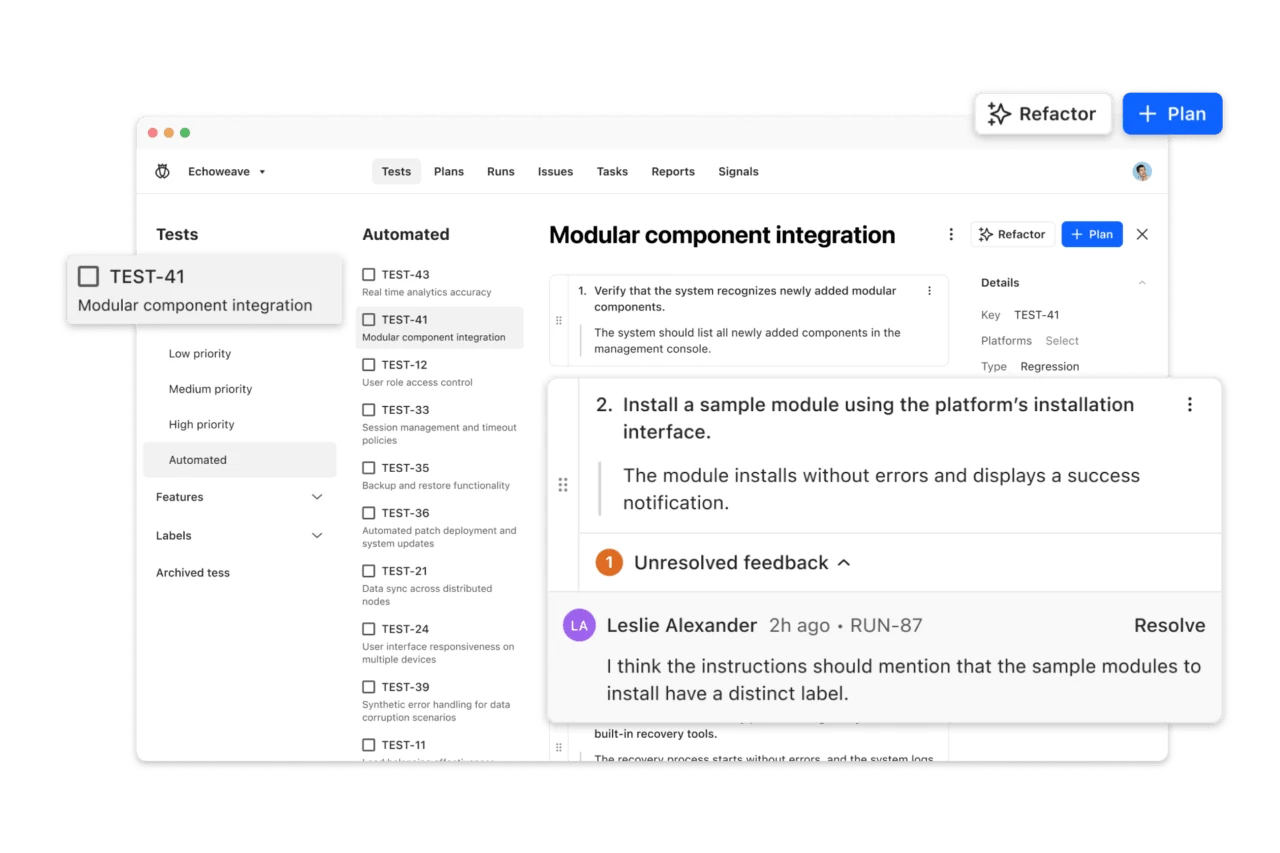 Software testing interface showing modular component integration test with tasks, instructions, and unresolved feedback from user Leslie Alexander.
