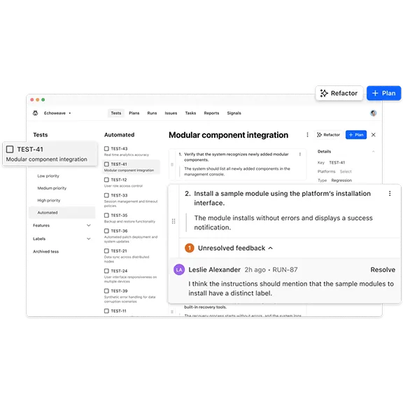 User interface of a software testing platform showing a test suite named 'Modular component integration' with test details and a comment from Leslie Alexander about unresolved feedback.