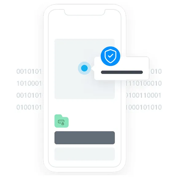 Smartphone screen showing a user interface with a blue shield icon and checkmark for security verification, a green folder icon, and binary code floating around.