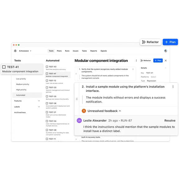 User interface of a software testing platform showing a modular component integration test with task details, comments, and feedback resolution.