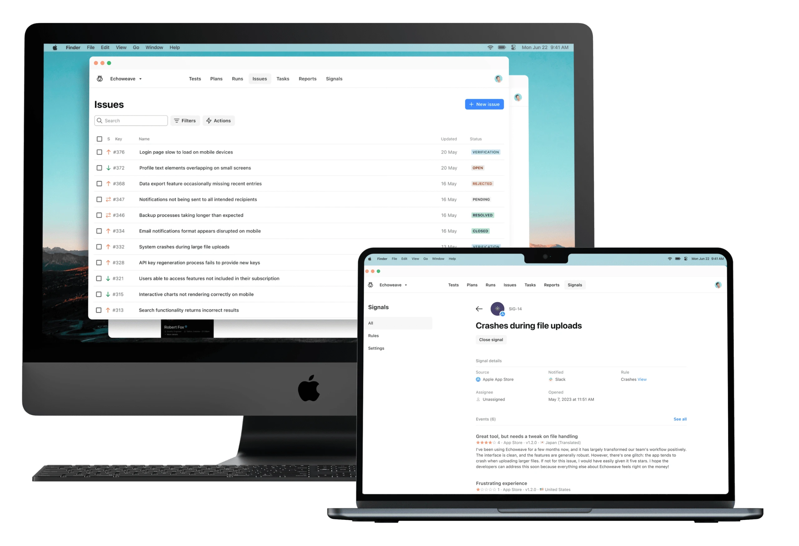 Apple iMac and MacBook Pro displaying software interfaces with issue tracking and crash reports for file uploads.