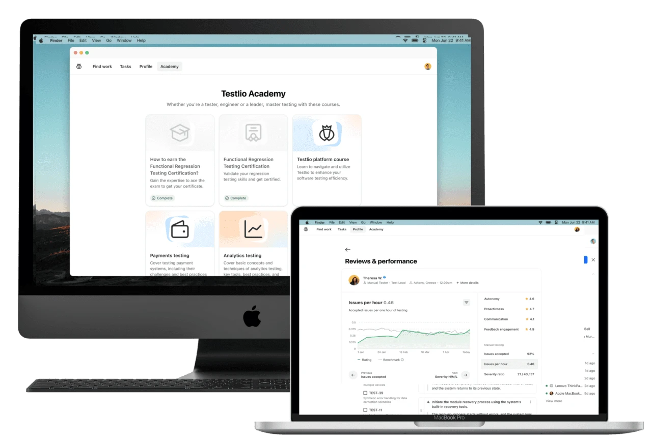 Apple iMac and MacBook Pro displaying Testlio Academy courses and Reviews & performance dashboard respectively.