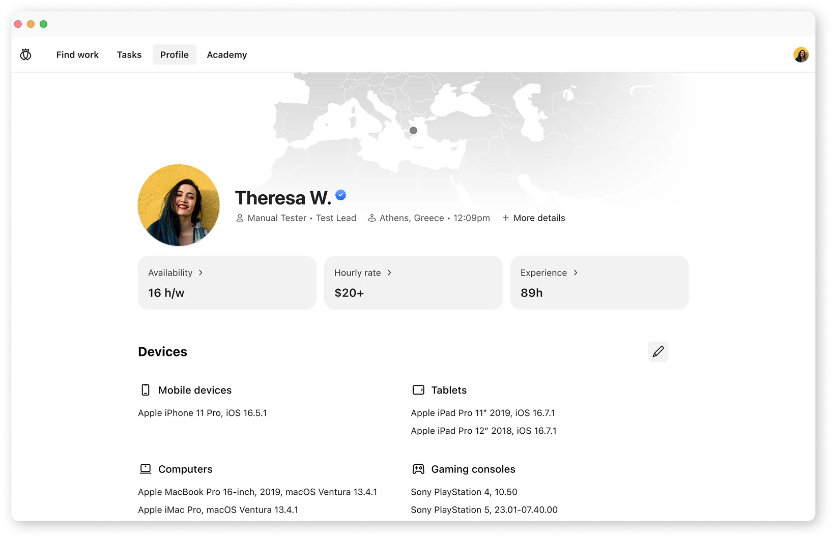 Desktop and laptop screens showing a user profile page and an edit devices dialog with device names and operating systems for mobile, tablets, and computers.