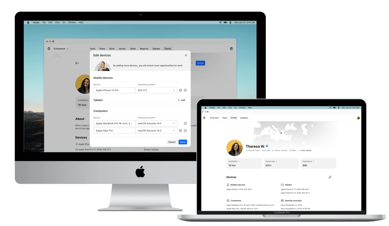 Desktop and laptop screens showing a user profile page and an edit devices dialog with device names and operating systems for mobile, tablets, and computers.