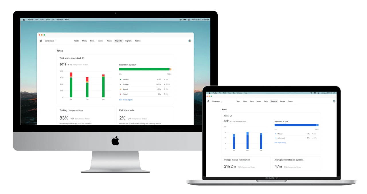iMac and MacBook Pro side by side, both displaying software dashboards with test execution and run statistics.