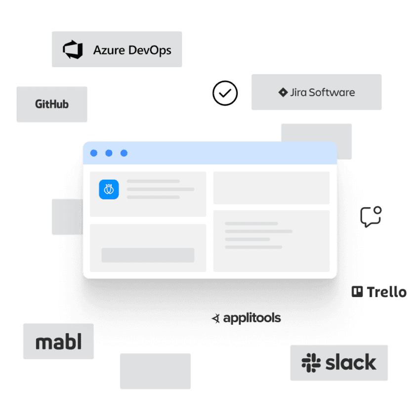 Illustration of a web browser window surrounded by logos of Azure DevOps, GitHub, Jira Software, Trello, mabl, and Slack representing software integrations.