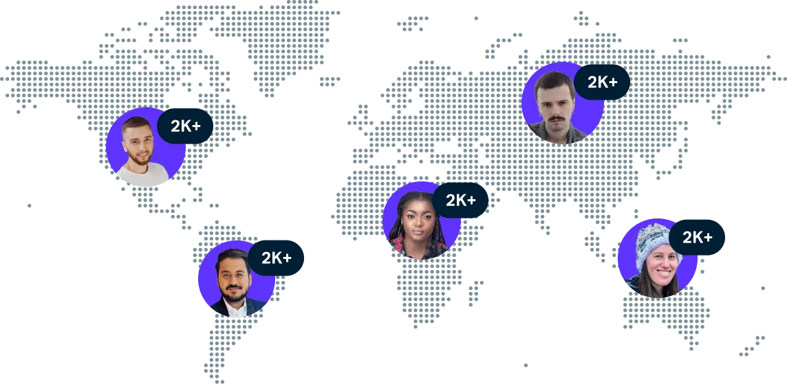 World map with five diverse people icons showing '2K+' indicating user or customer distribution across different continents.