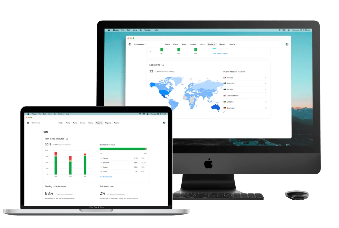 Apple iMac and MacBook Pro displaying software testing reports with charts, maps, and statistics on screen.
