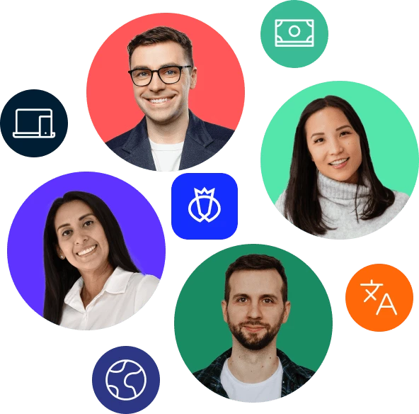 Four smiling diverse professionals in circular frames with colorful backgrounds, surrounded by icons representing technology, money, global connectivity, and language translation.