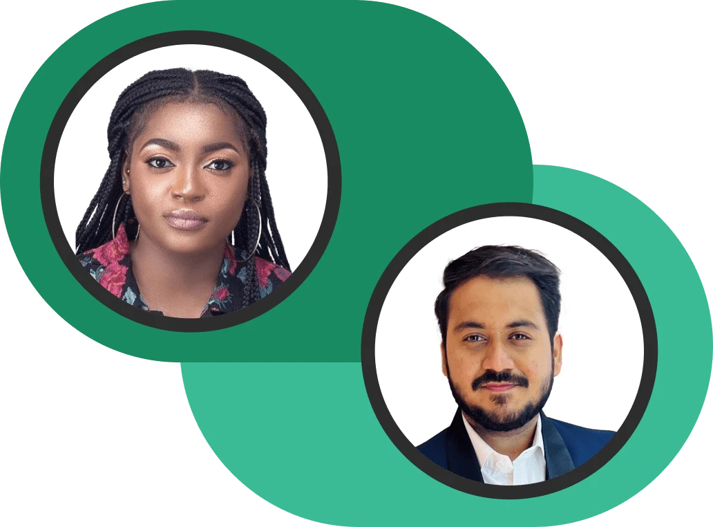 Portraits of a woman with braided hair wearing hoop earrings and a floral shirt, and a man with dark hair and beard dressed in a suit and white shirt.