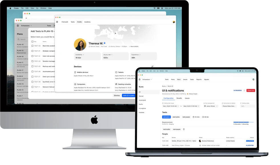 Apple iMac and MacBook Pro displaying software interfaces for test planning and user profiles with UI notifications and task assignments.