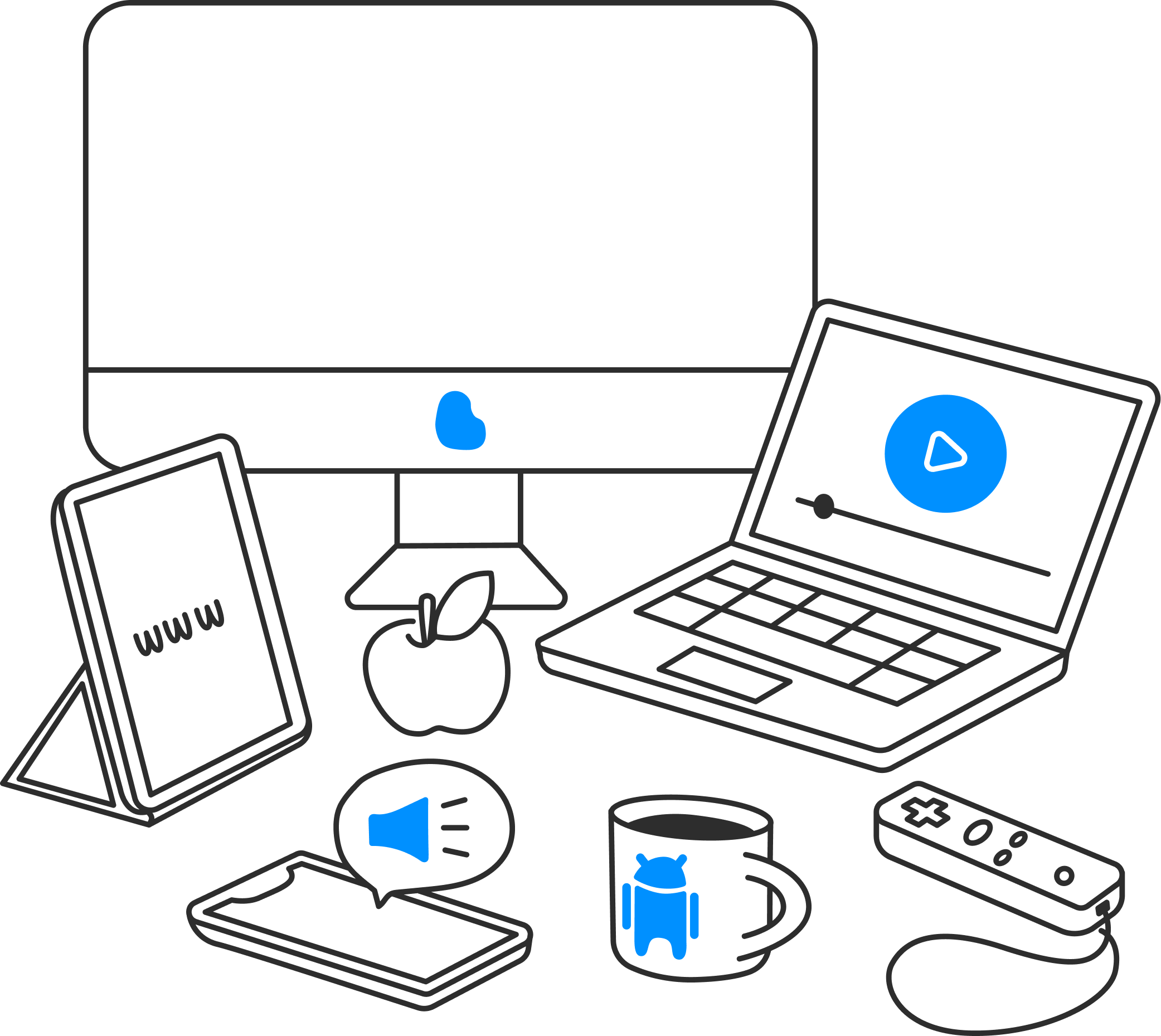Line art of various devices including a monitor with the Apple logo, a tablet showing www, a laptop playing a video, a smartphone with a speaker icon, a coffee mug with the Android logo, and a game controller.
