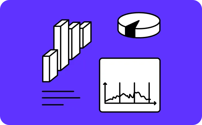 White icons of bar chart, pie chart, line graph, and text lines on a blue background.