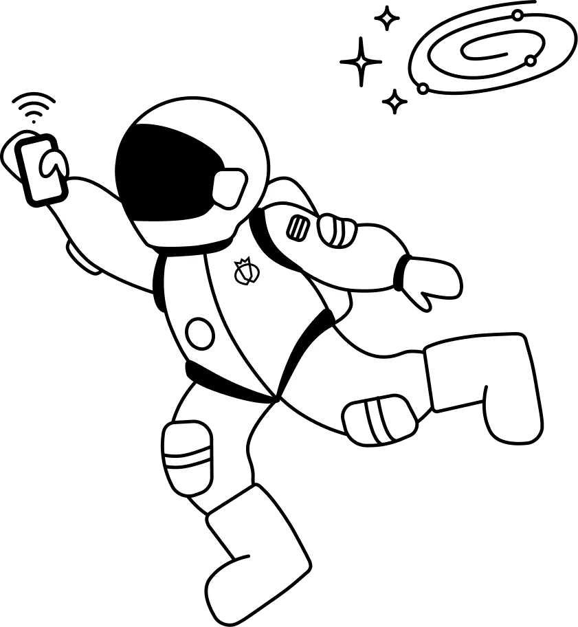 Black and white illustration of an astronaut floating in space holding a smartphone with three small stars nearby.