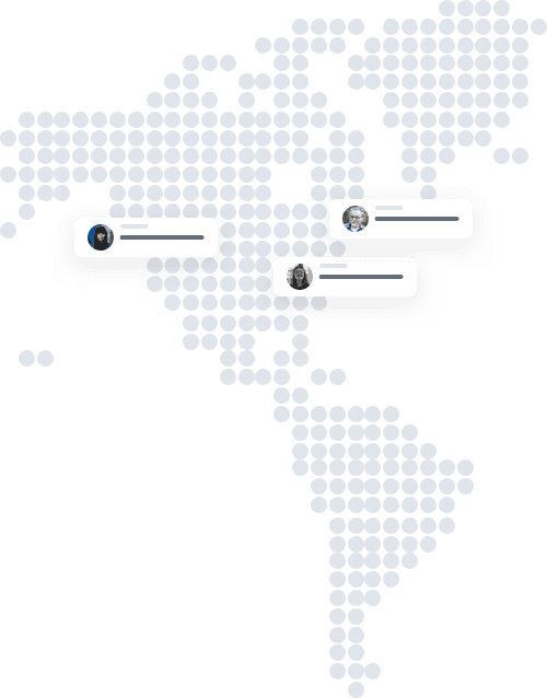 Stylized dotted map of the Americas with three profile pop-ups showing user icons and text bars.