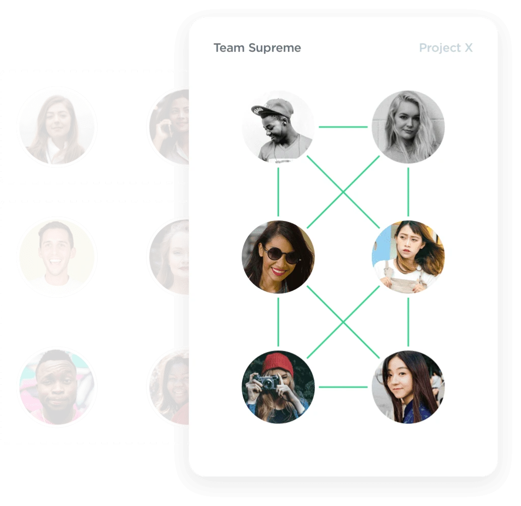 Diagram of Team Supreme with six team member portraits connected by green lines illustrating project collaboration.