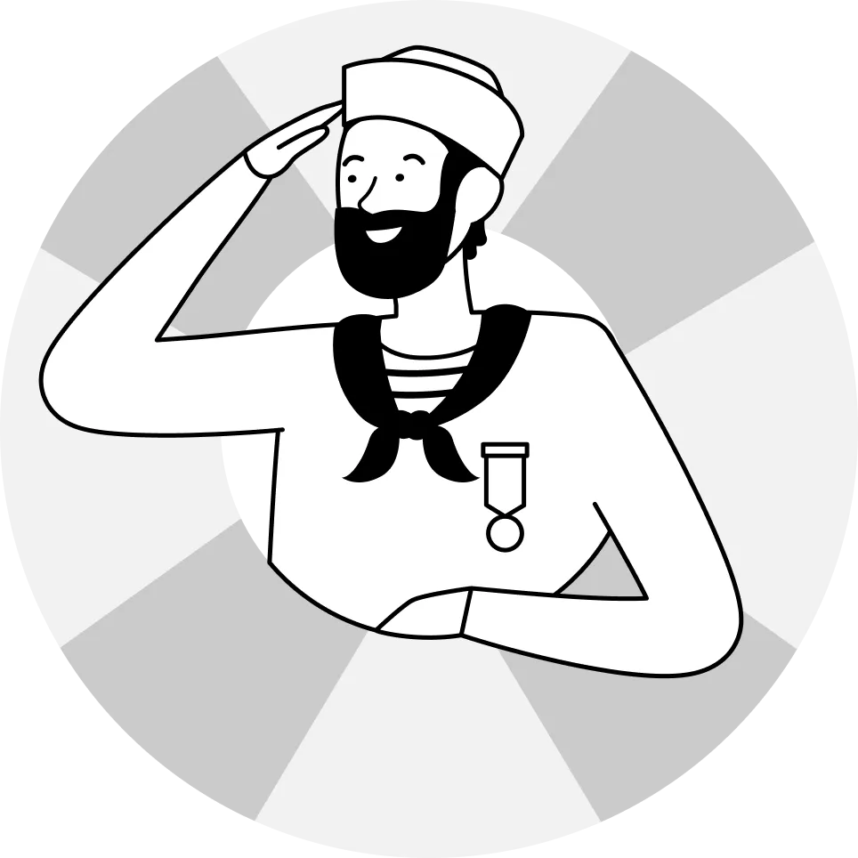 Black and white illustration of a sailor with a beard saluting, wearing a sailor's cap, striped shirt, and a medal on his chest, inside a circular background with alternating light and dark segments.