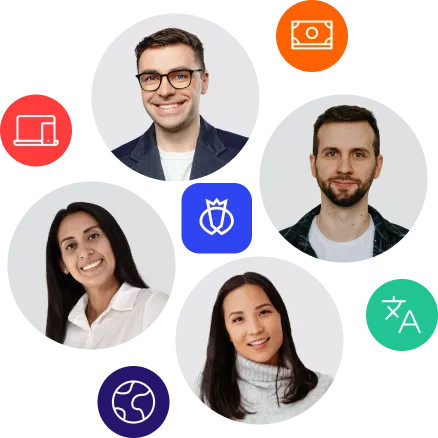 Four smiling diverse professionals' headshots surrounded by colorful icons representing money, language translation, technology, security, and global connectivity.