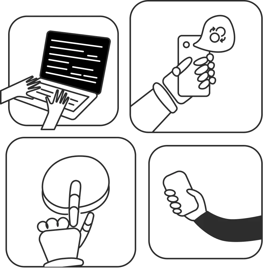 Four icons showing different testing types: typing on a laptop, hand holding a phone with a refresh symbol, finger pressing a button, and hand holding a phone.