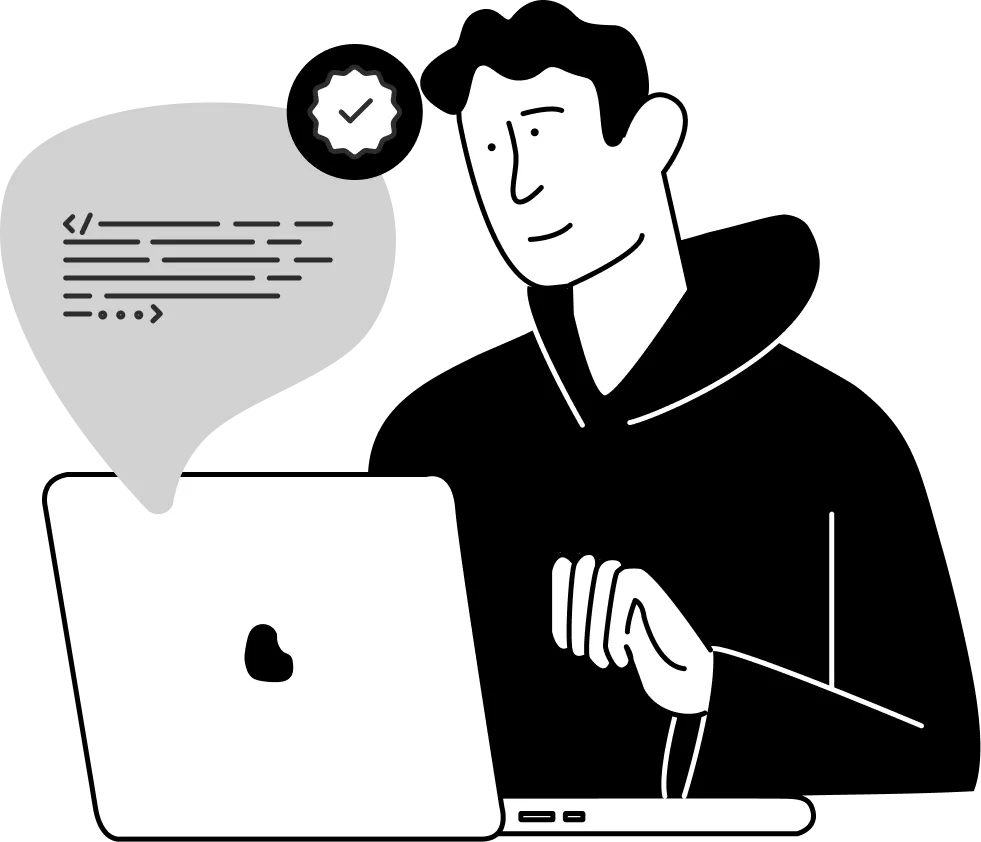 Illustration of a person looking at a laptop screen with a grey speech bubble showing lines of code and a checkmark badge above it.