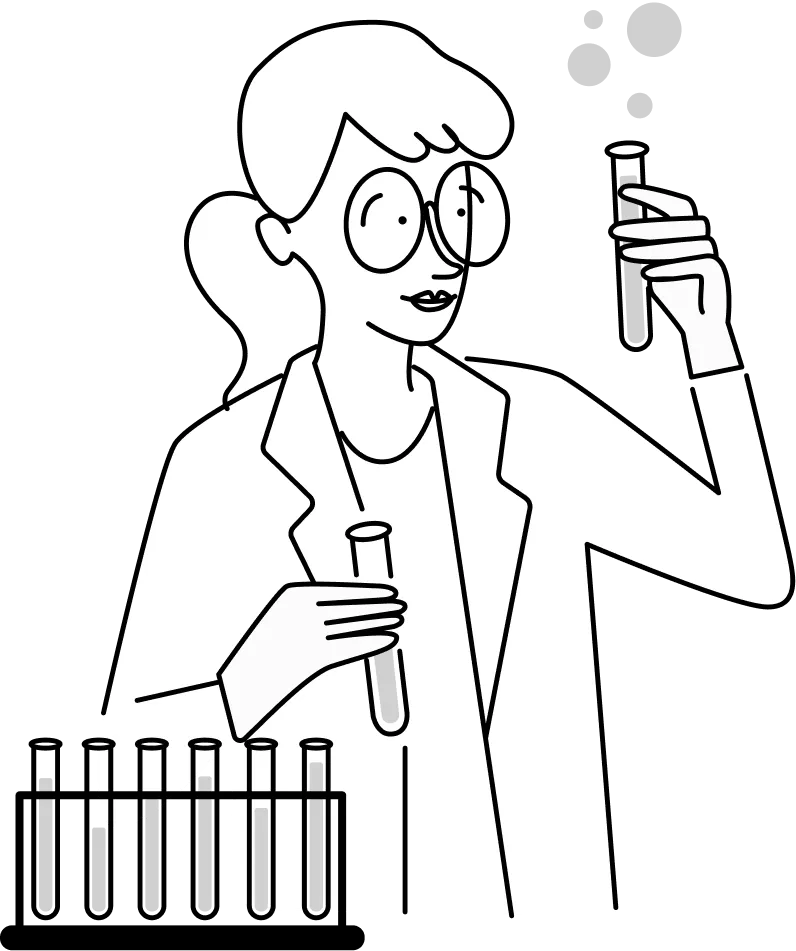 Scientist wearing glasses and a lab coat holding and examining test tubes with bubbles rising from one.