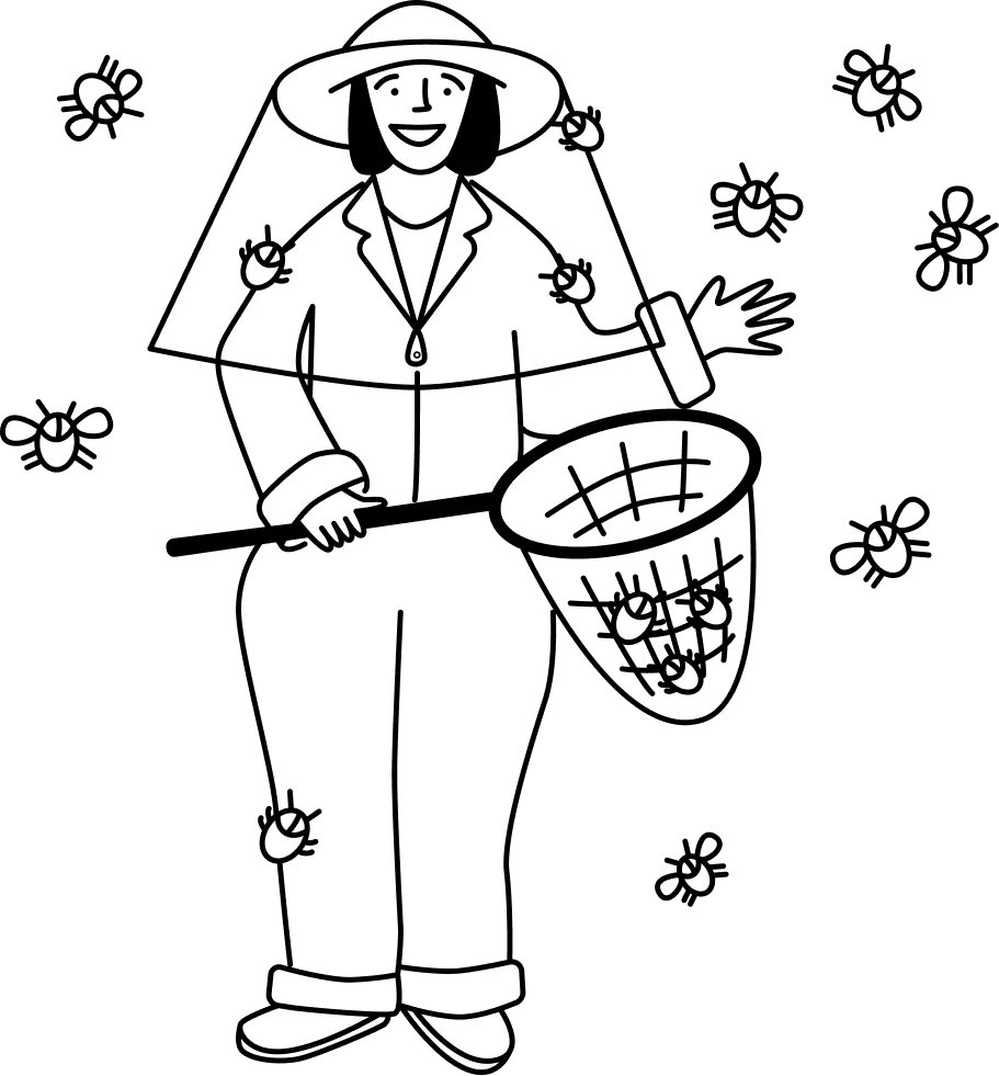 Person wearing protective clothing and a wide-brimmed hat catching bugs with a net, surrounded by flying insects.