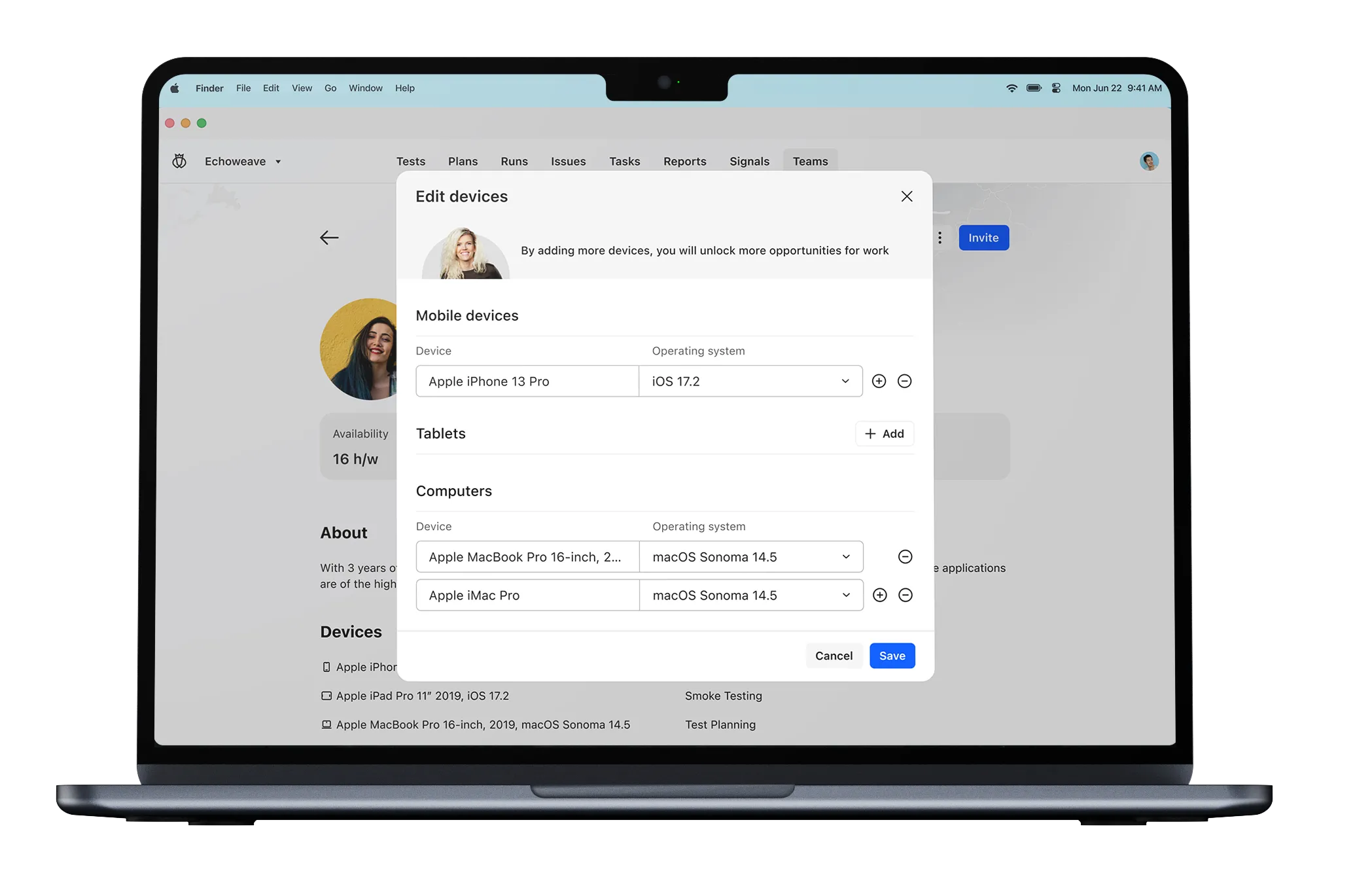 Laptop screen showing an Edit devices panel listing mobile devices with Apple iPhone 13 Pro on iOS 17.2, and computers including Apple MacBook Pro 16-inch and Apple iMac Pro both running macOS Sonoma 14.5.